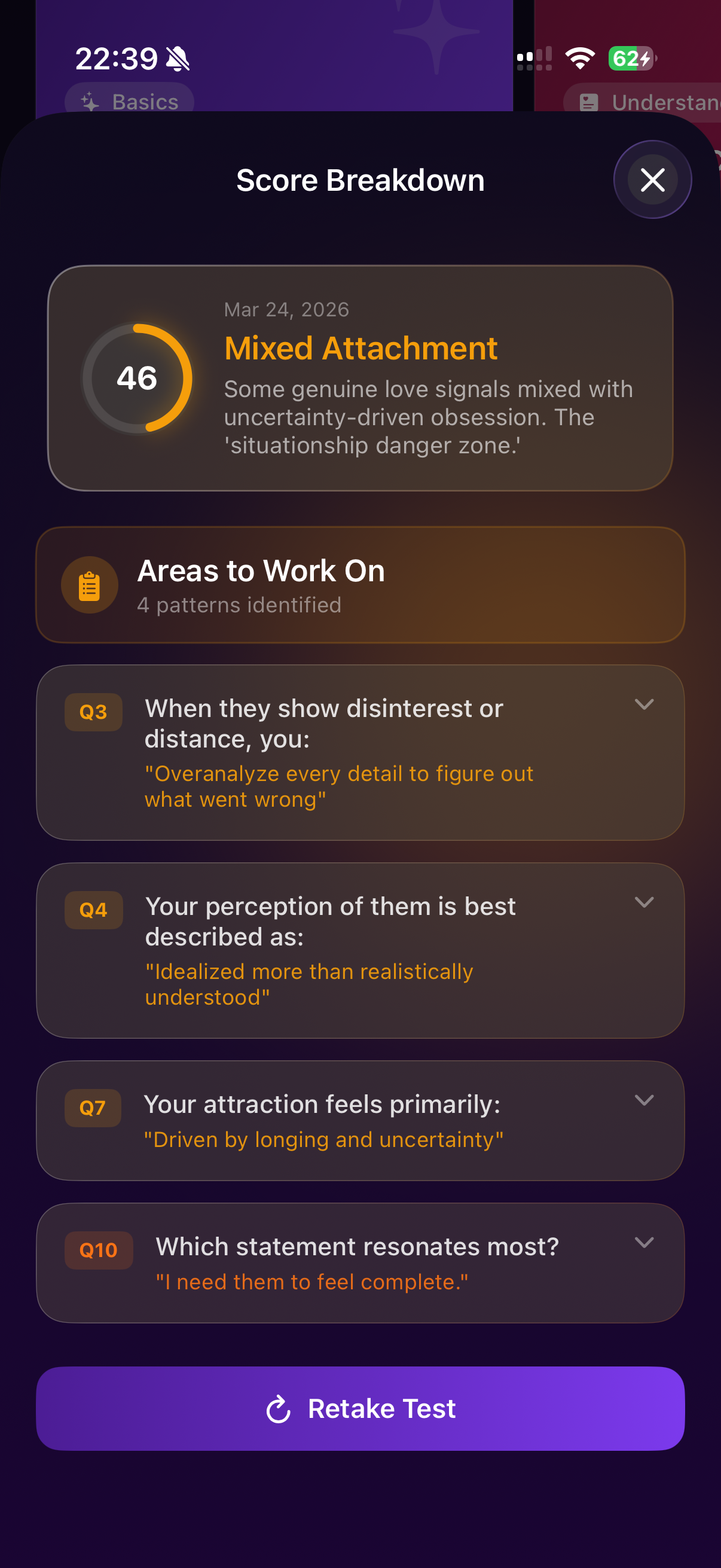 MoveOn limerence quiz score breakdown with attachment style and areas to work on